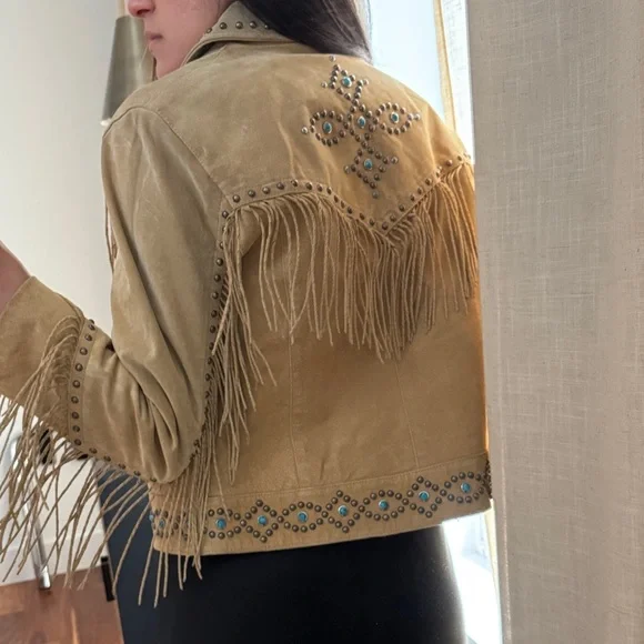 Scully Beige Fringe Leather Jacket with Turquoise Stud Accents - Picture 4 of 9
